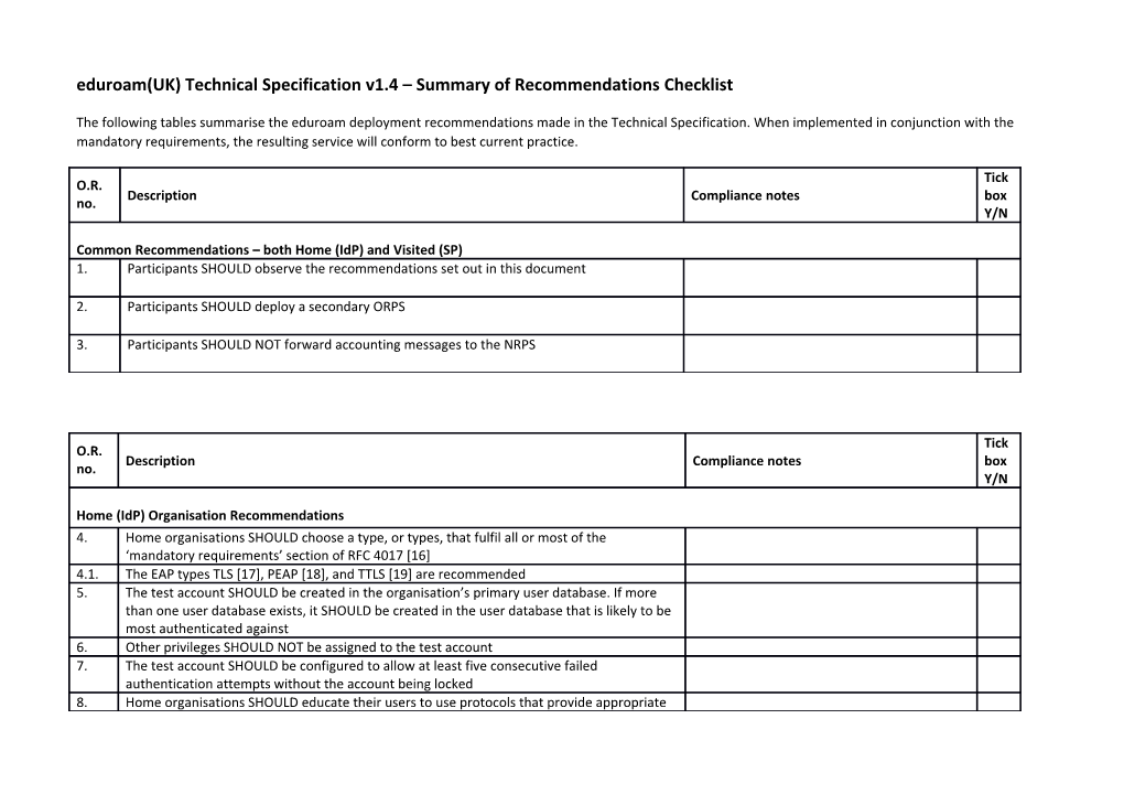 Eduroam(UK) Technical Specification V1.4 Summary of Recommendations Checklist