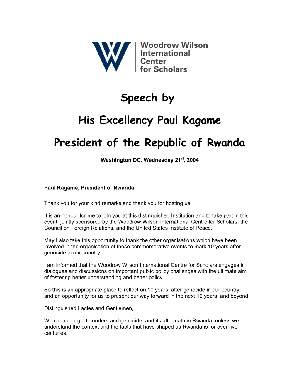 Speech by His Excellency Paul Kagame