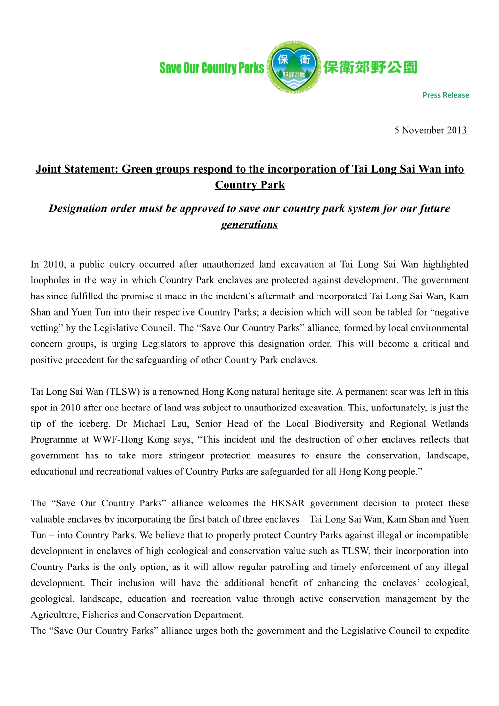 Joint Statement: Green Groups Respond to the Incorporation of Tai Long Sai Wan Into Country