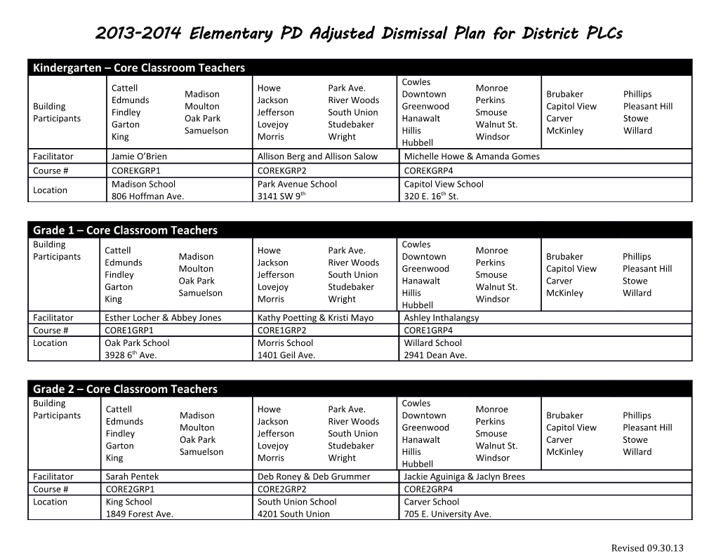 2013-2014 Elementary PD Adjusted Dismissal Plan for District Plcs
