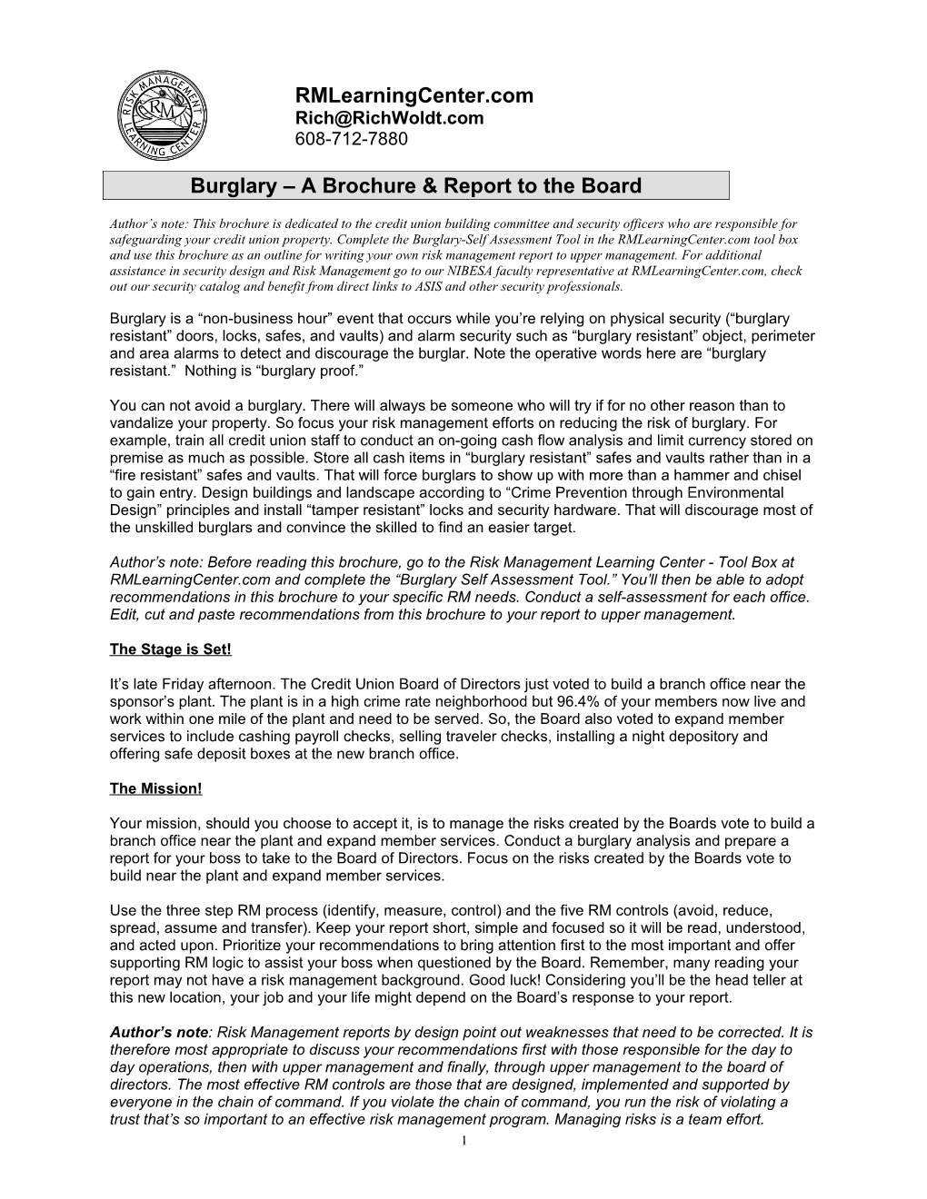 Burglary a Brochure & Report to the Board