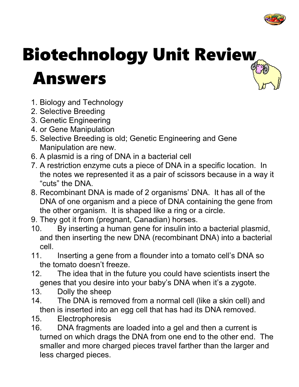 Biotechnology Unit Review Answers