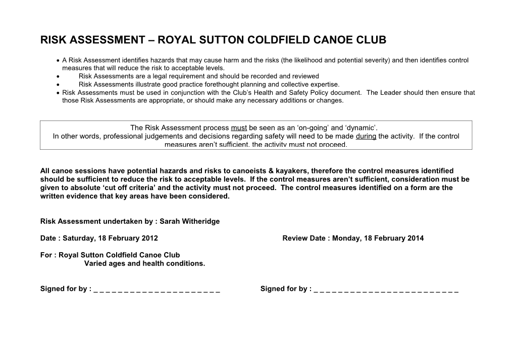 RISK ASSESSMENT Royal Sutton Coldfield Canoe Club