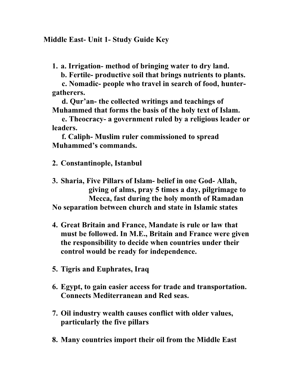 Middle East- Unit 1- Study Guide Key
