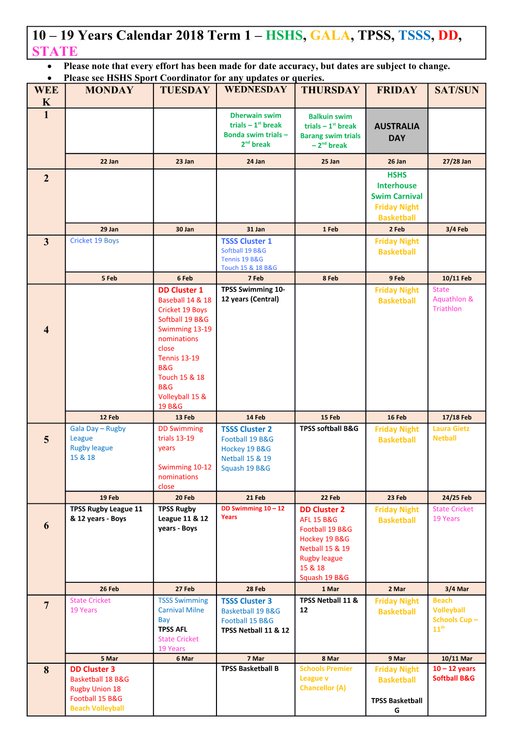 Combined 10 - 19 Sports Calendar 2018