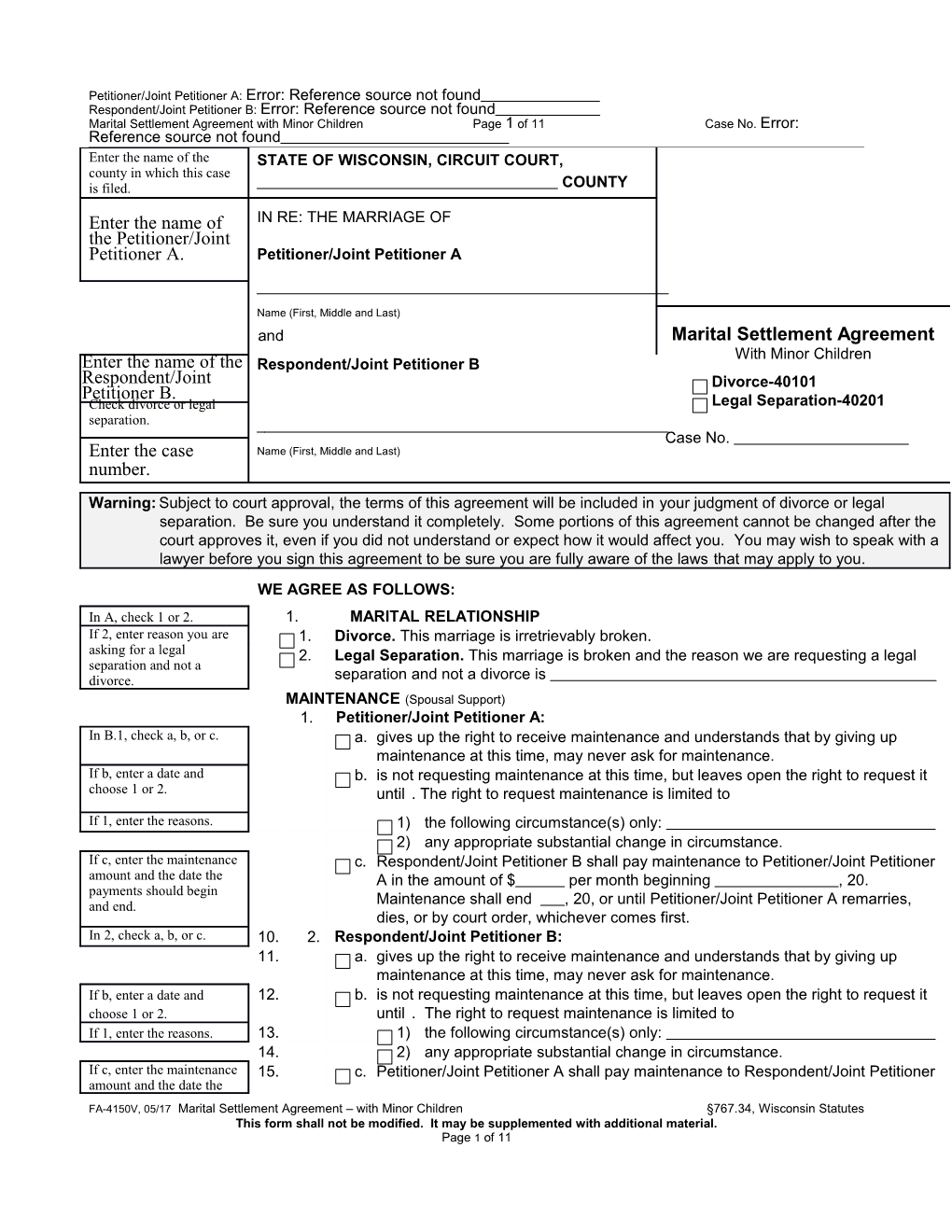 FA-4150V: Marital Settlement Agreement with Minor Children