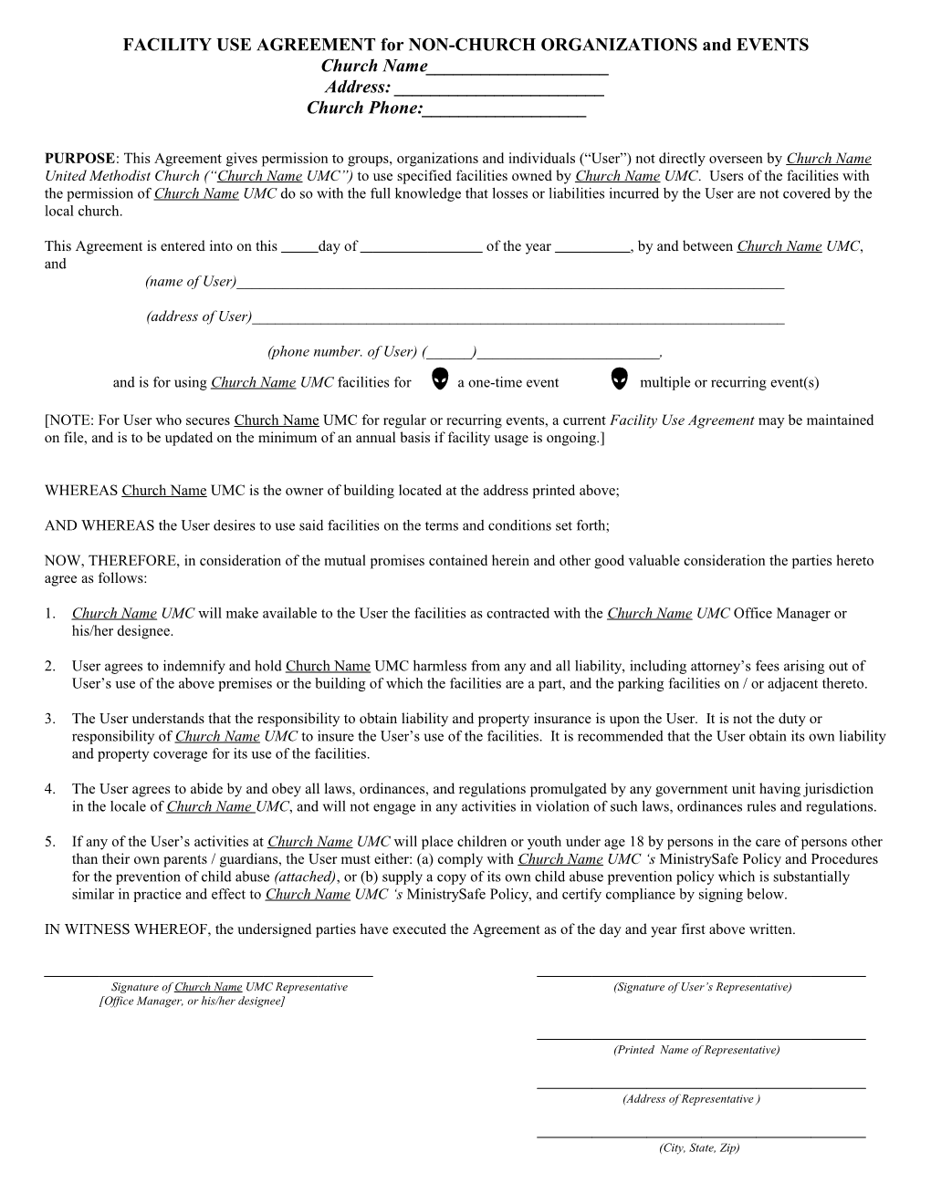 FACILITY USE AGREEMENT for NON-CHURCH ORGANIZATIONS and EVENTS