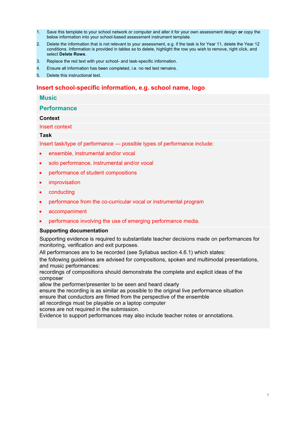 Music (2013) Assessment Design Template: Performance