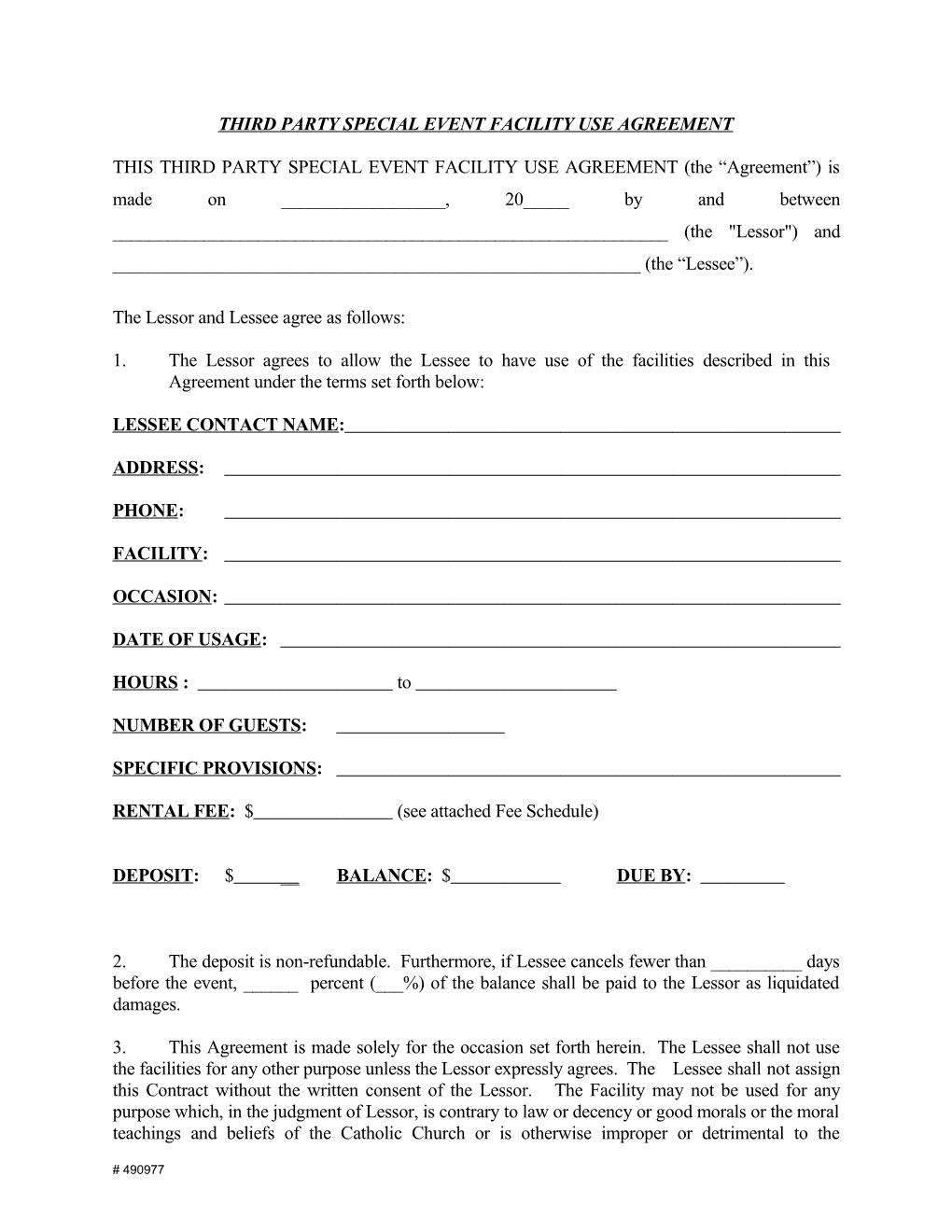 Third Party Special Event Facility Use Agreement