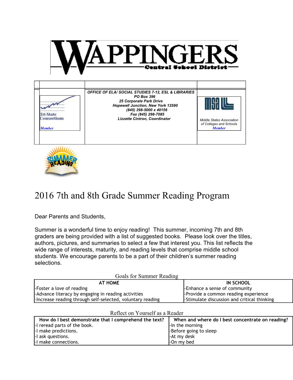 2016 7Th and 8Th Grade Summer Reading Program