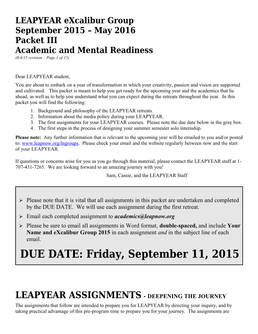 Academic and Mental Readiness