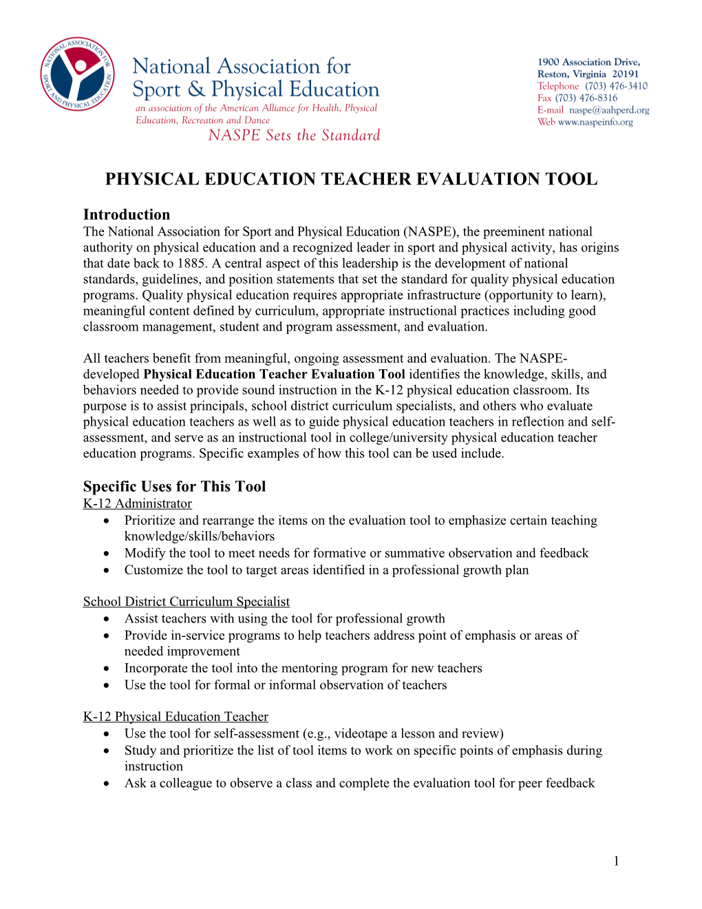 Physical Education Teacher Evaluation Tool