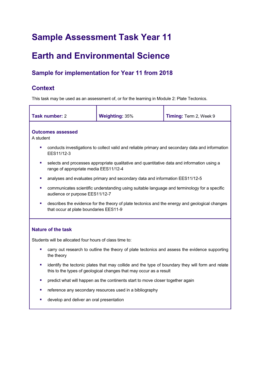 Sample Assessment Task Yr 11 Earth and Environmental Science