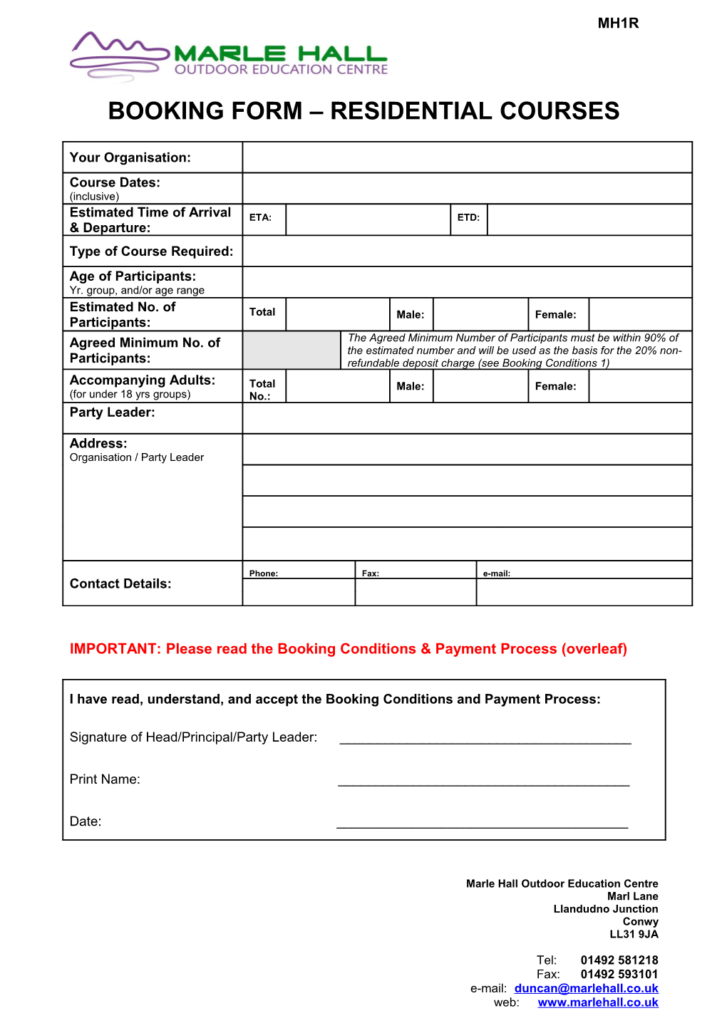Booking Form Residential Courses