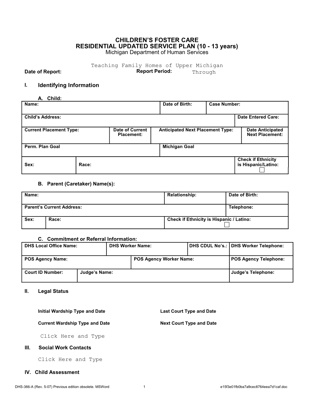 DHS-0366-A, Children's Foster Care Residential Updated Service Plan (10 - 13 Years)