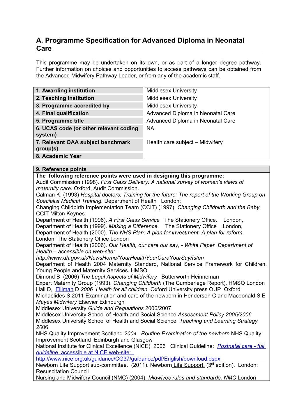 A. Programme Specification for Advanced Diploma in Neonatal Care