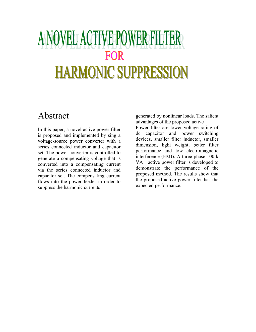 A Novel Active Power Filter for Harmonic Suppression