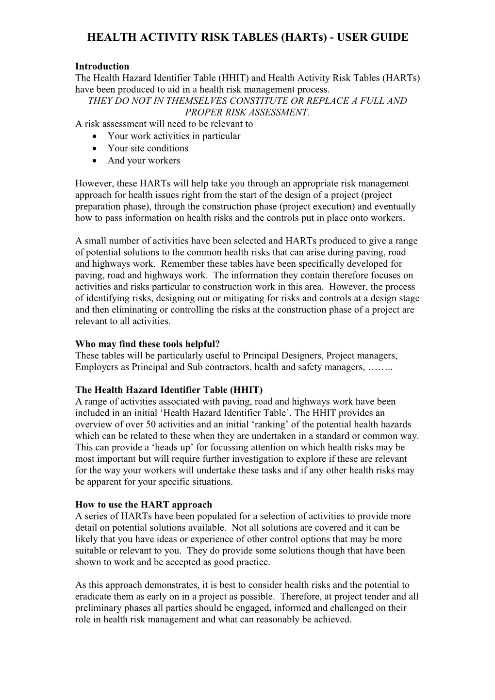 HEALTH ACTIVITY RISK TABLES (Harts)