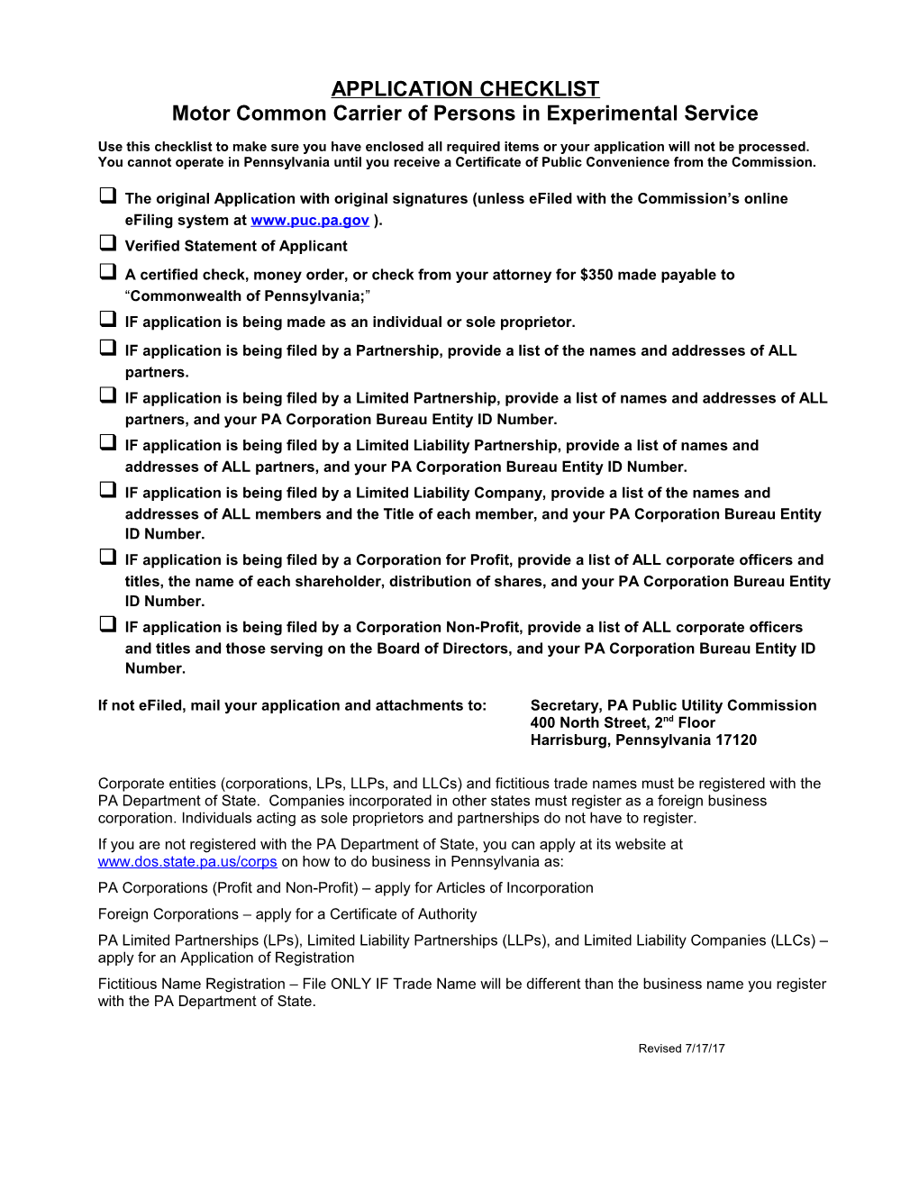 Motor Common Carrier of Persons in Experimental Service