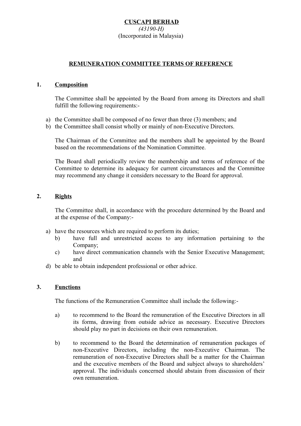 Remuneration Committee Terms of Reference