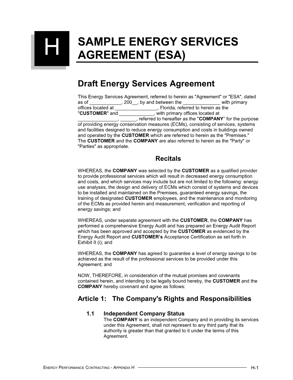 Appendix H Sample Energy Services Agreement