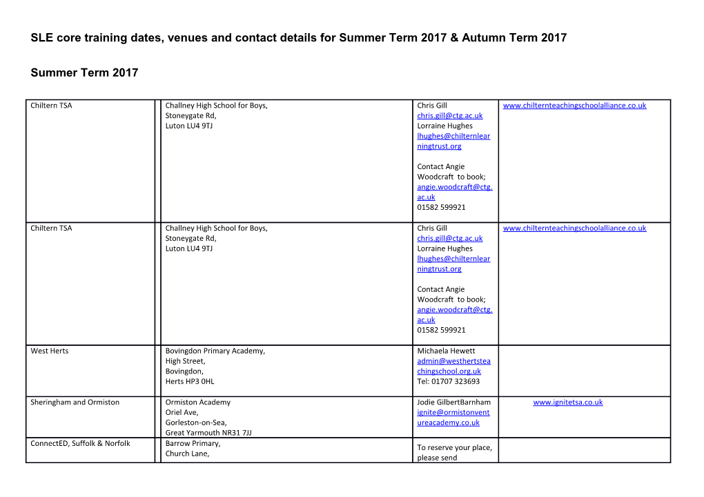 SLE Core Training Dates, Venues and Contact Details for Summer Term 2017 & Autumn Term 2017
