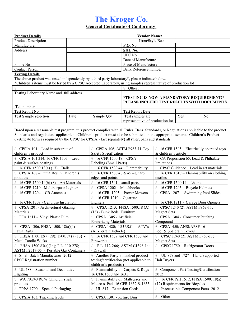 General Certificate of Conformity