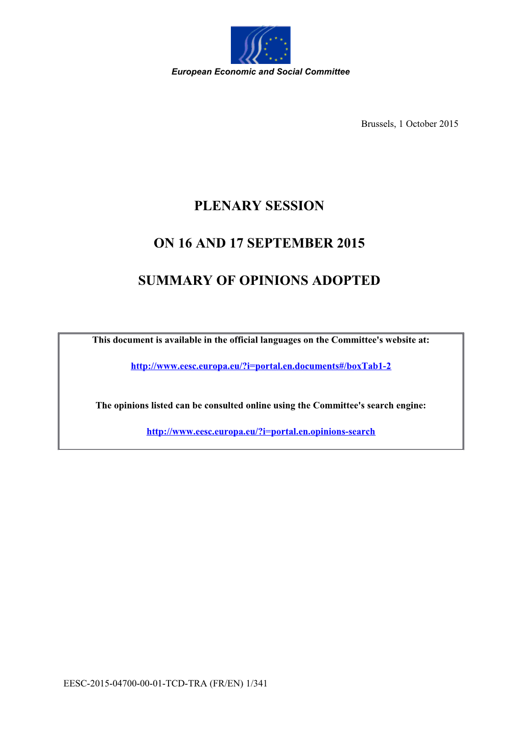 Summary of Opinions Adopted - 510Th Plenary Session 16-17 September 2015