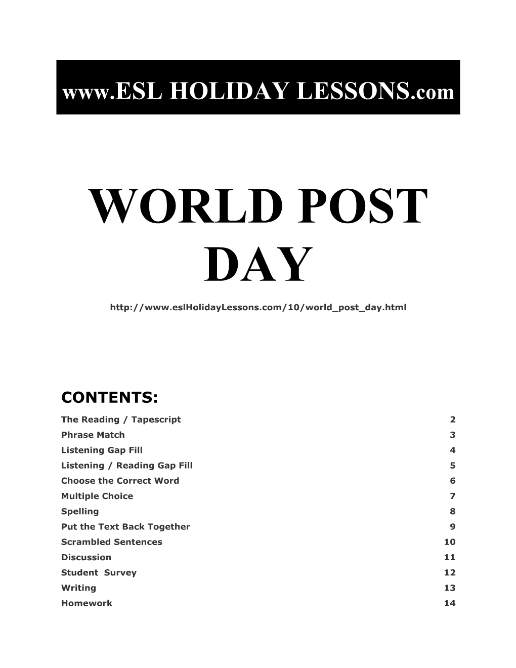 Holiday Lessons - World Post Day