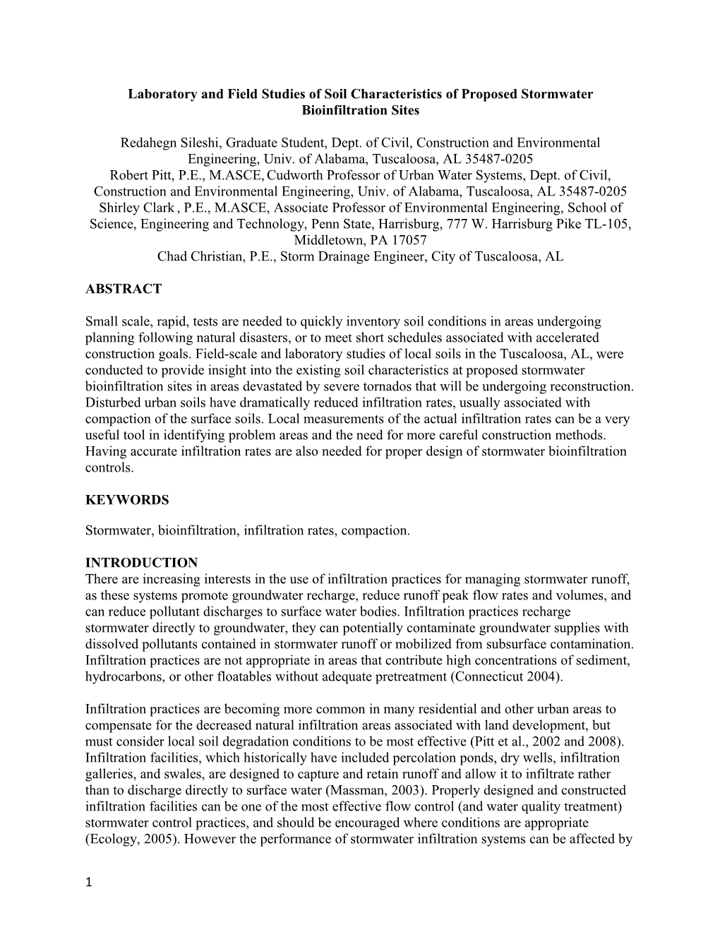 Laboratory and Field Studies of Soil Characteristicsof Proposed Stormwater Bioinfiltration