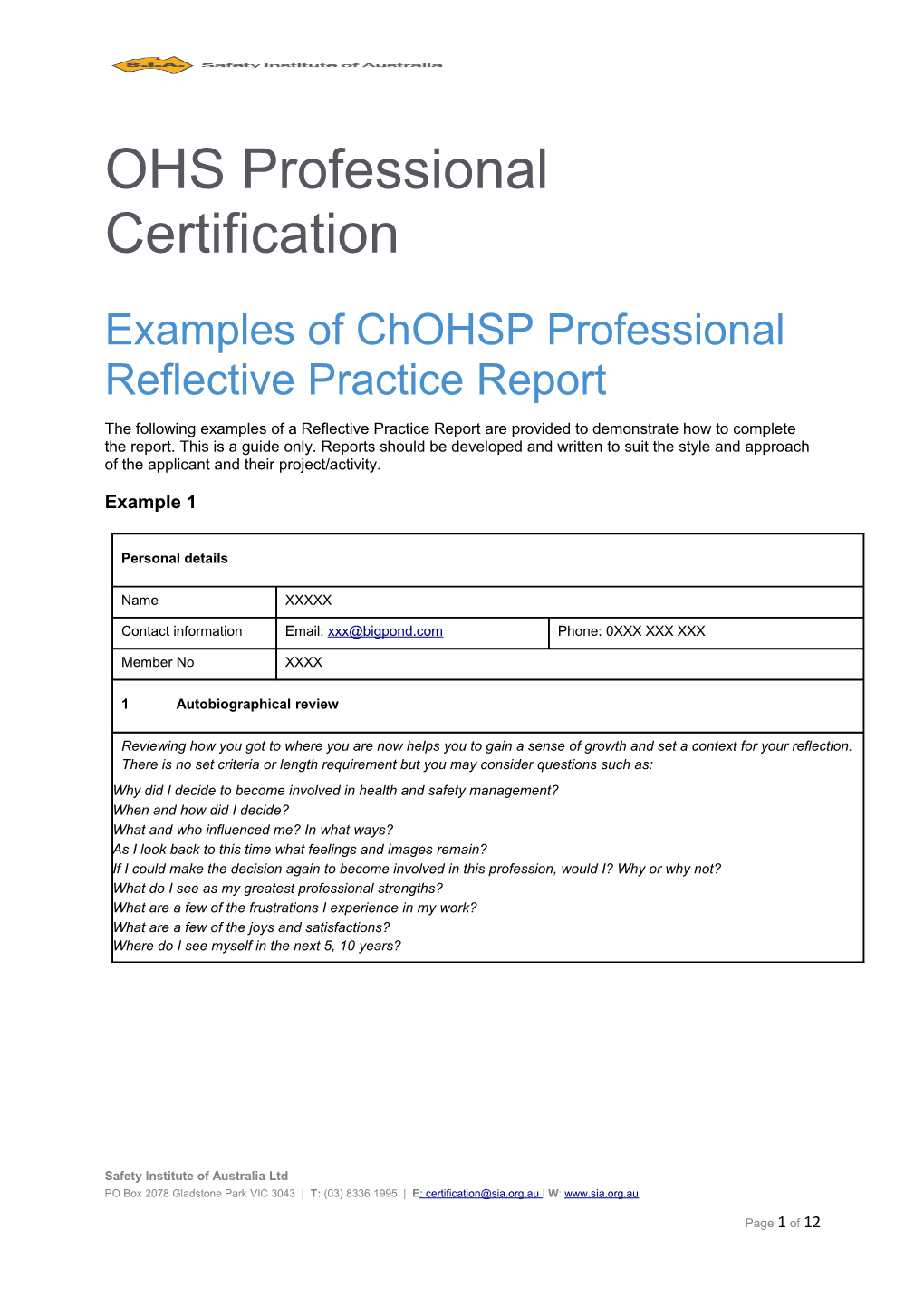 Examples of Chohsp Professional Reflective Practice Report