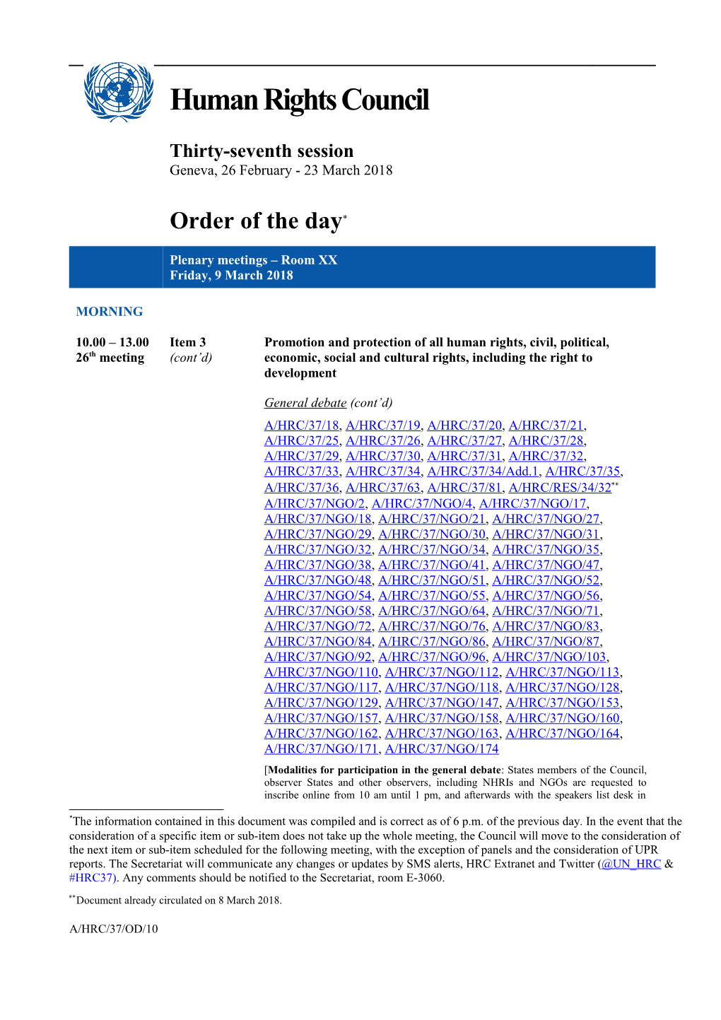 Order of the Day, Friday 9 March 2018