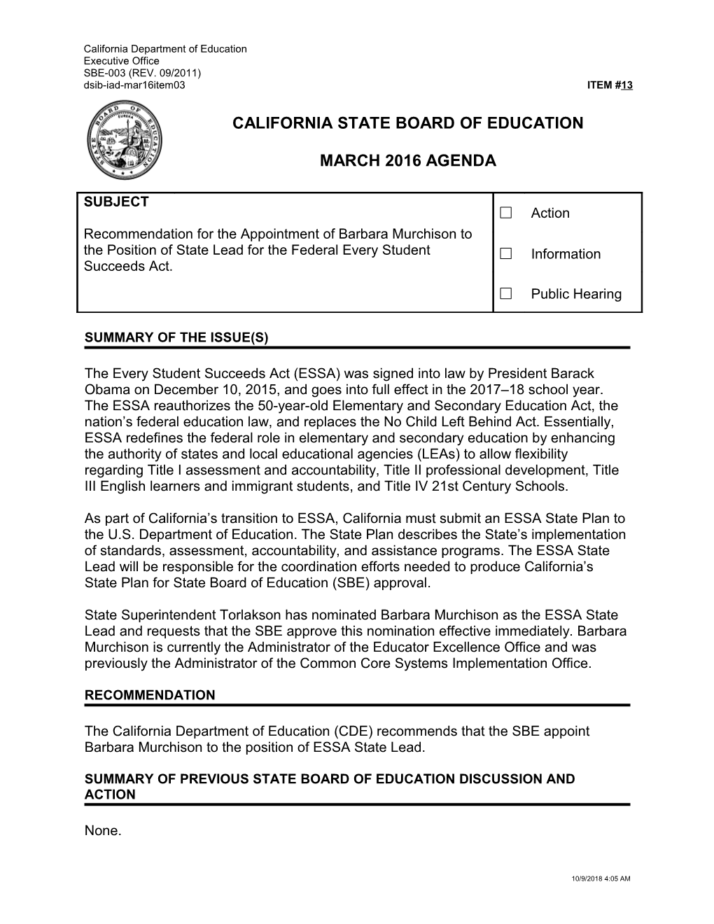 March 2016 Agenda Item 13 - Meeting Agendas (CA State Board of Education)