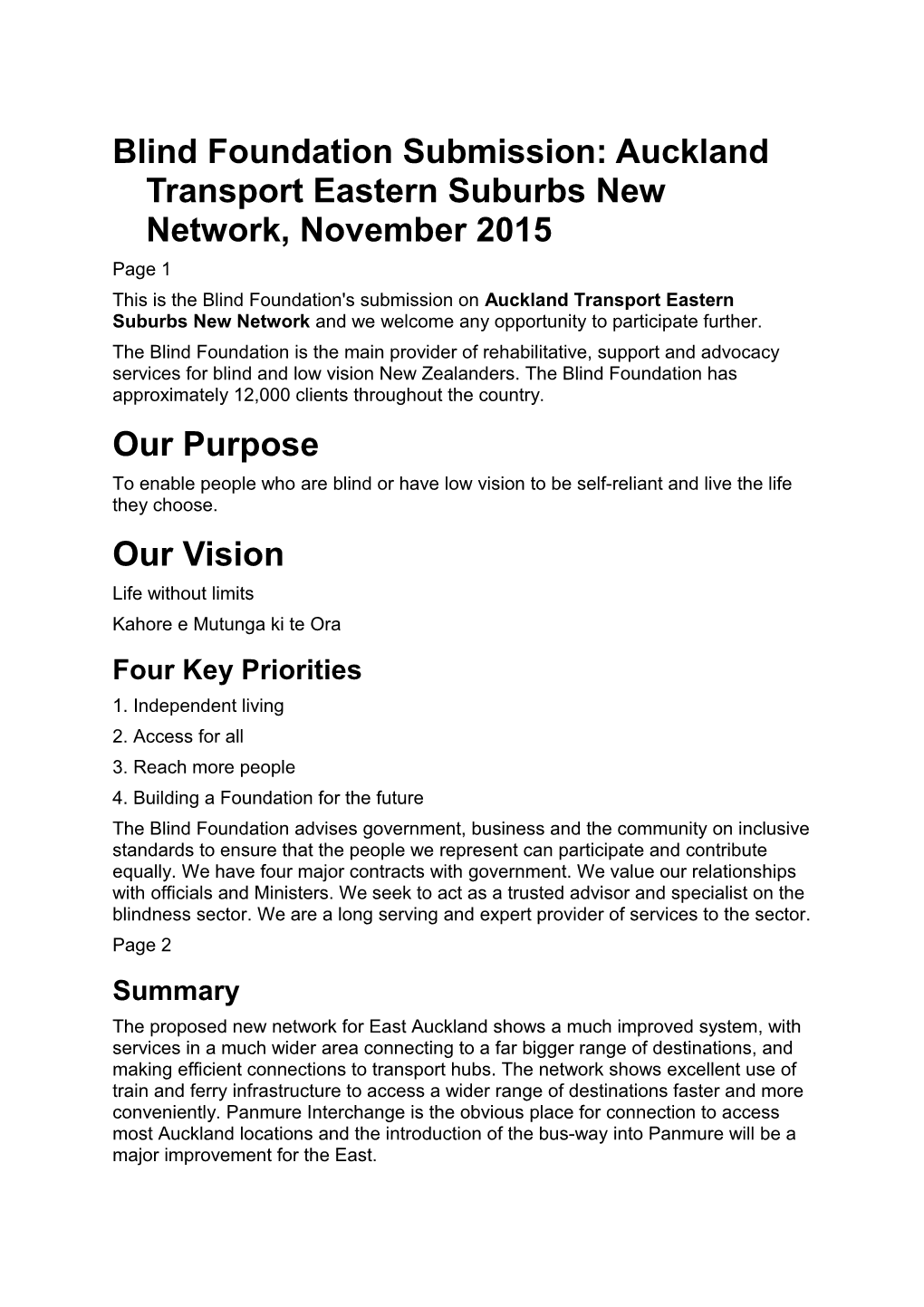 Blind Foundation Submission: Auckland Transport Eastern Suburbs New Network, November 2015
