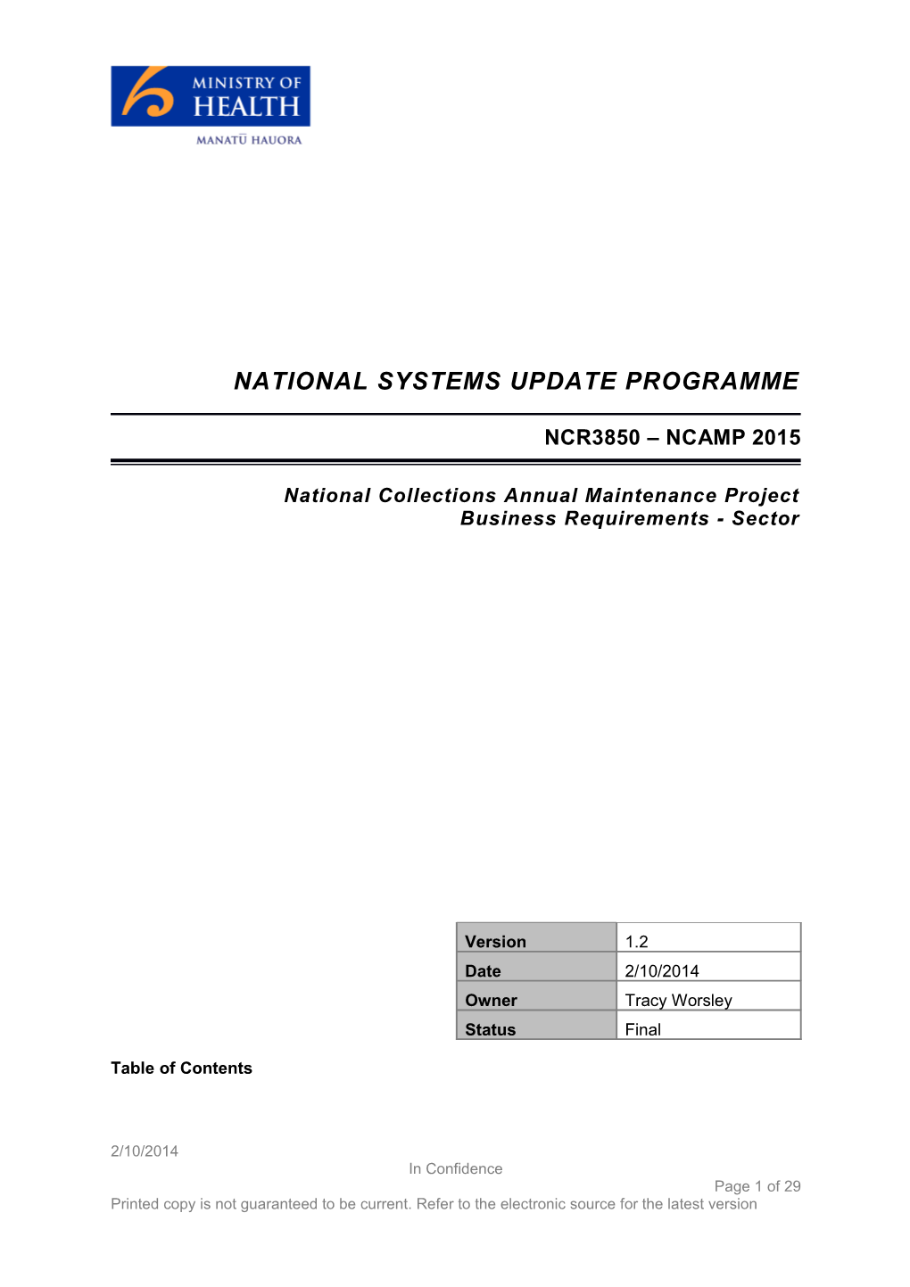 National Collections Annual Maintenance Project Business Requirements - Sector