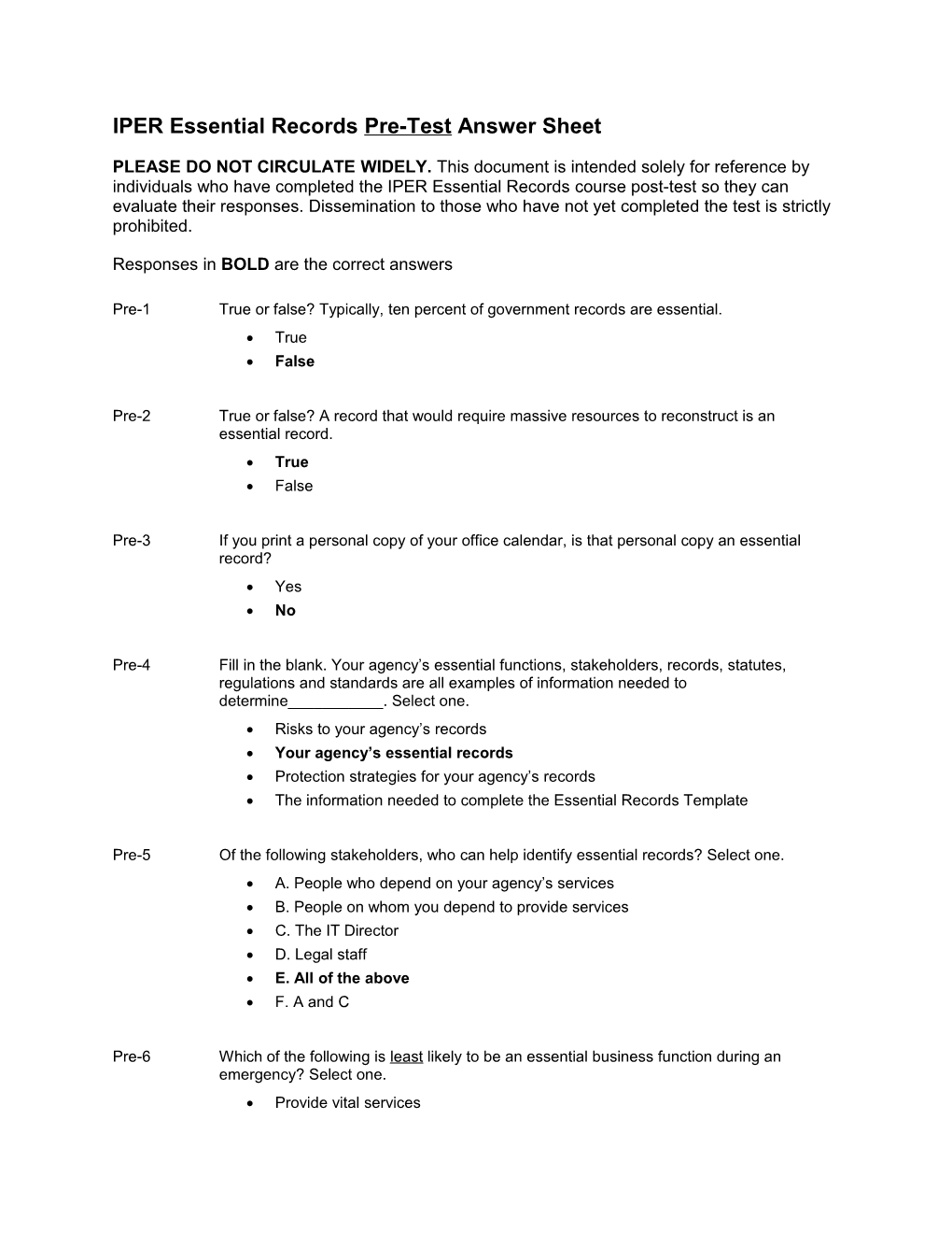 IPER Essential Records Pre-Test Answer Sheet