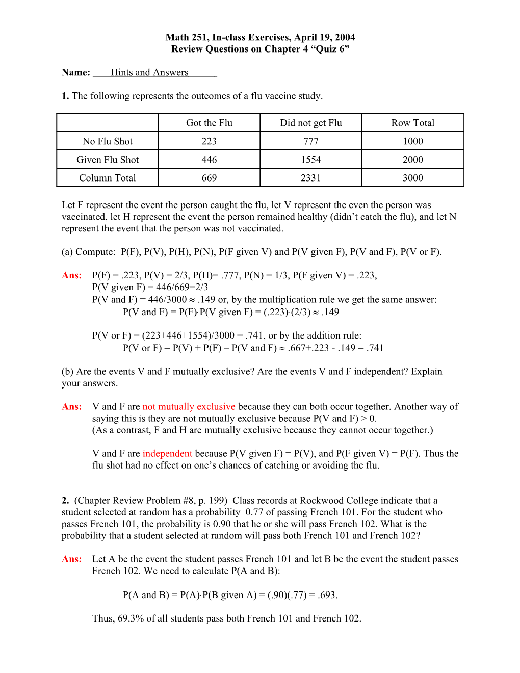 Math 251, In-Class Exercises, April 19, 2004