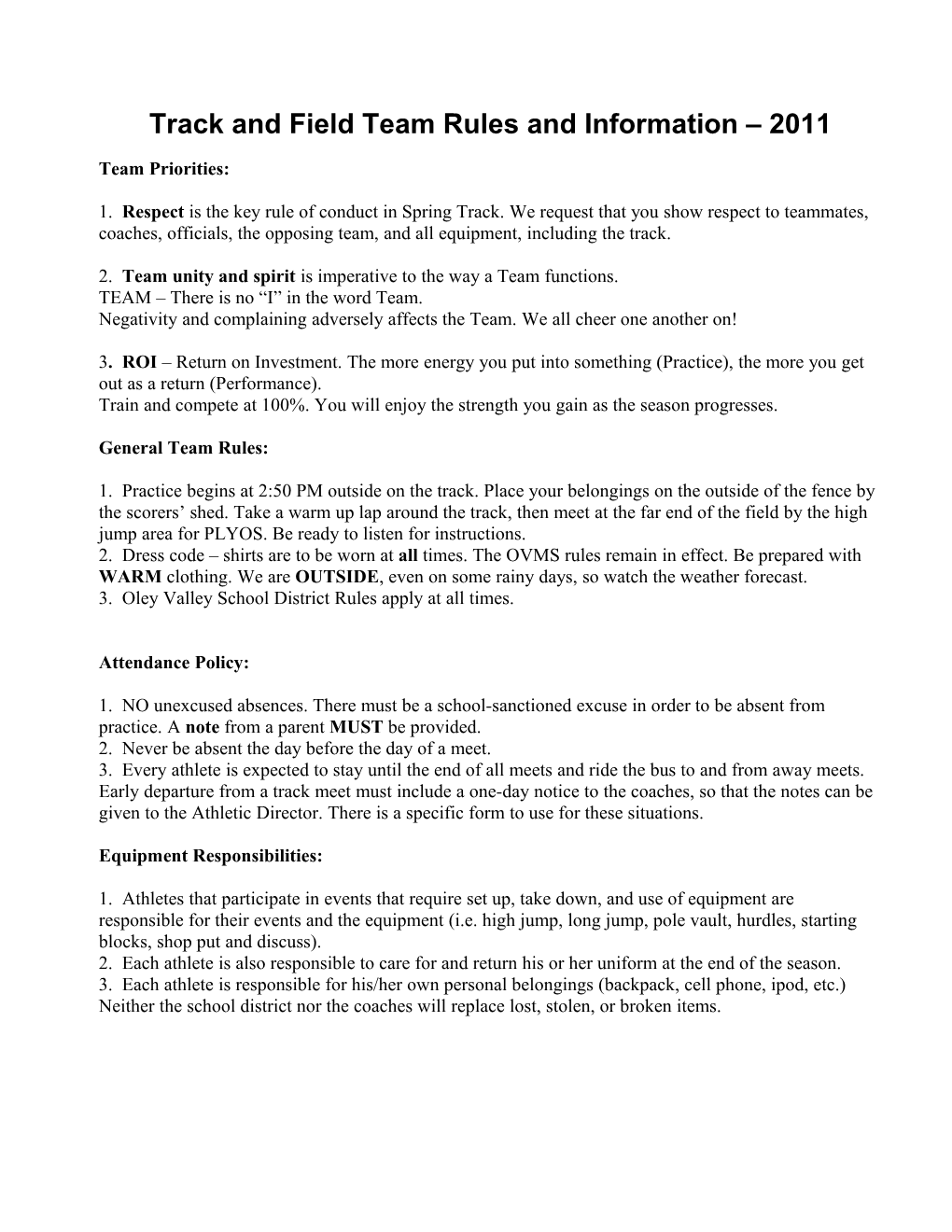 Track and Field Team Rules and Information 2009