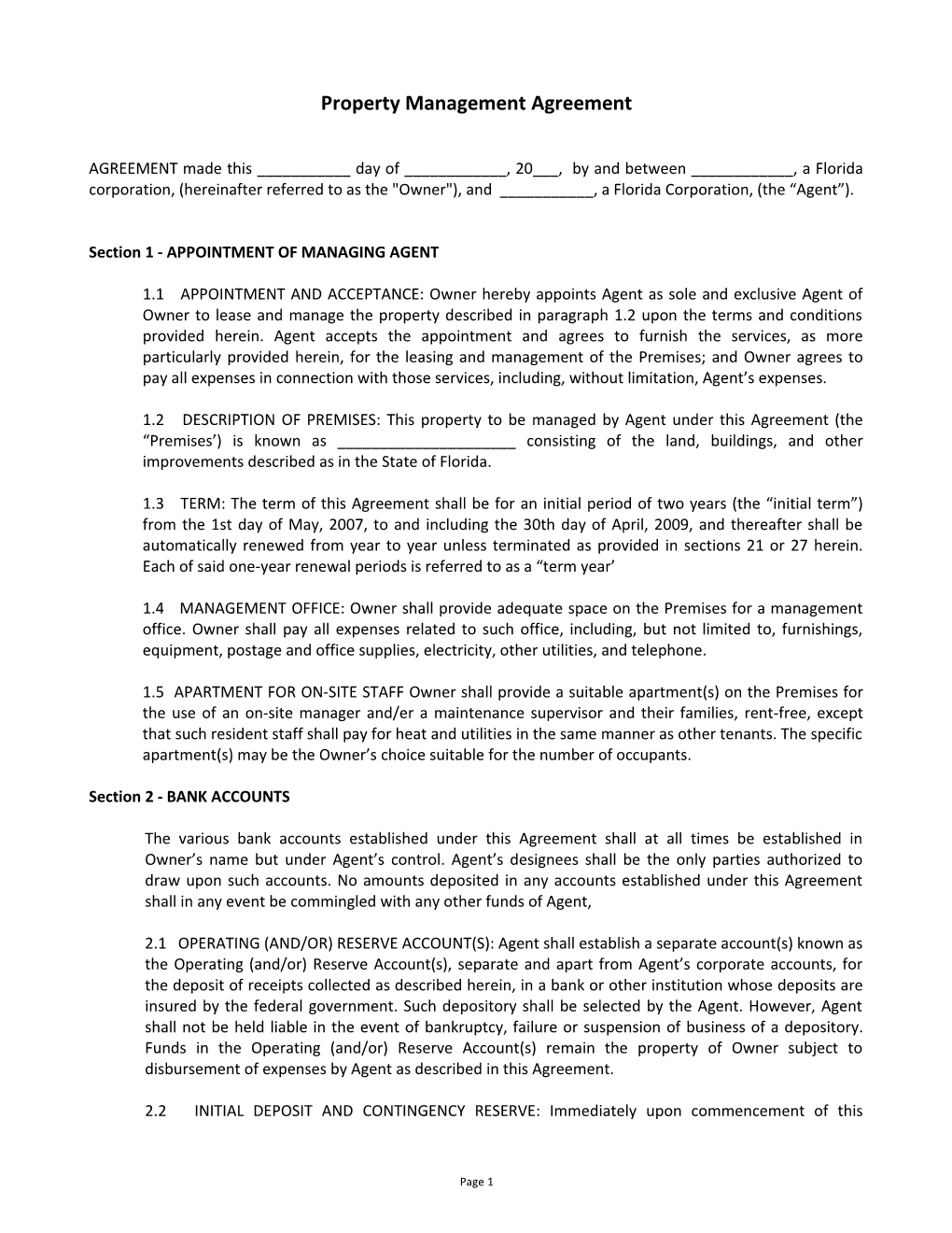 Section 1 - APPOINTMENT of MANAGING AGENT