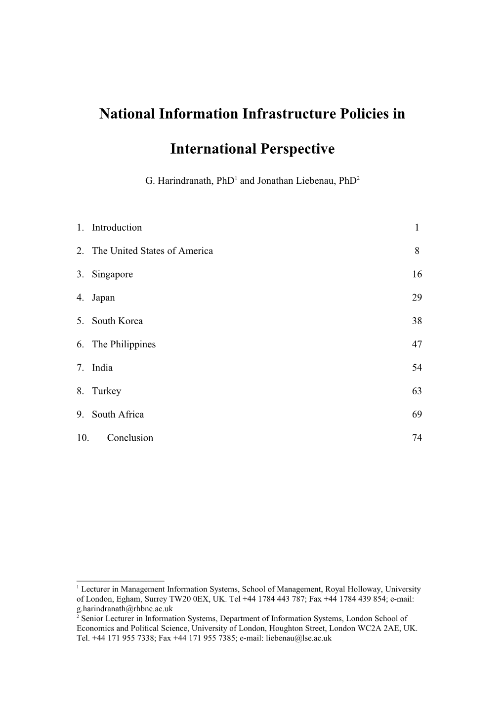 National Information Infrastructure Policies in International Perspective