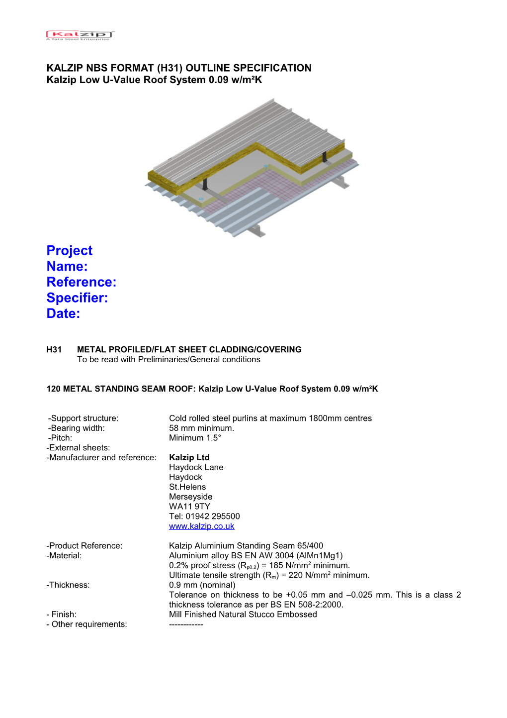 Kalzip Liner Roof System Typical NBS Format Specification (H31)