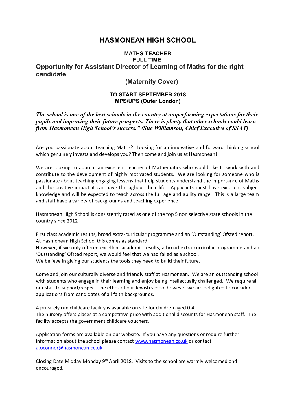 Opportunity for Assistant Director of Learning of Maths for the Right Candidate