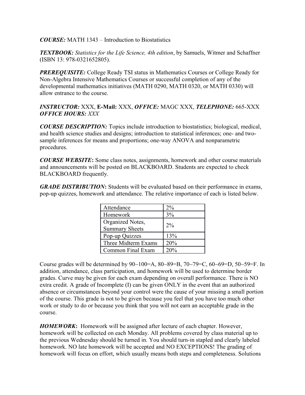 COURSE:MATH 1343 Introduction to Biostatistics