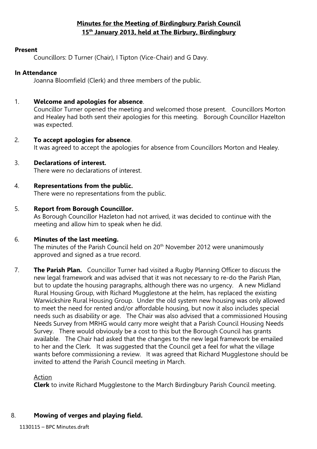 Minutes for the Meeting of Birdingbury Parish Council