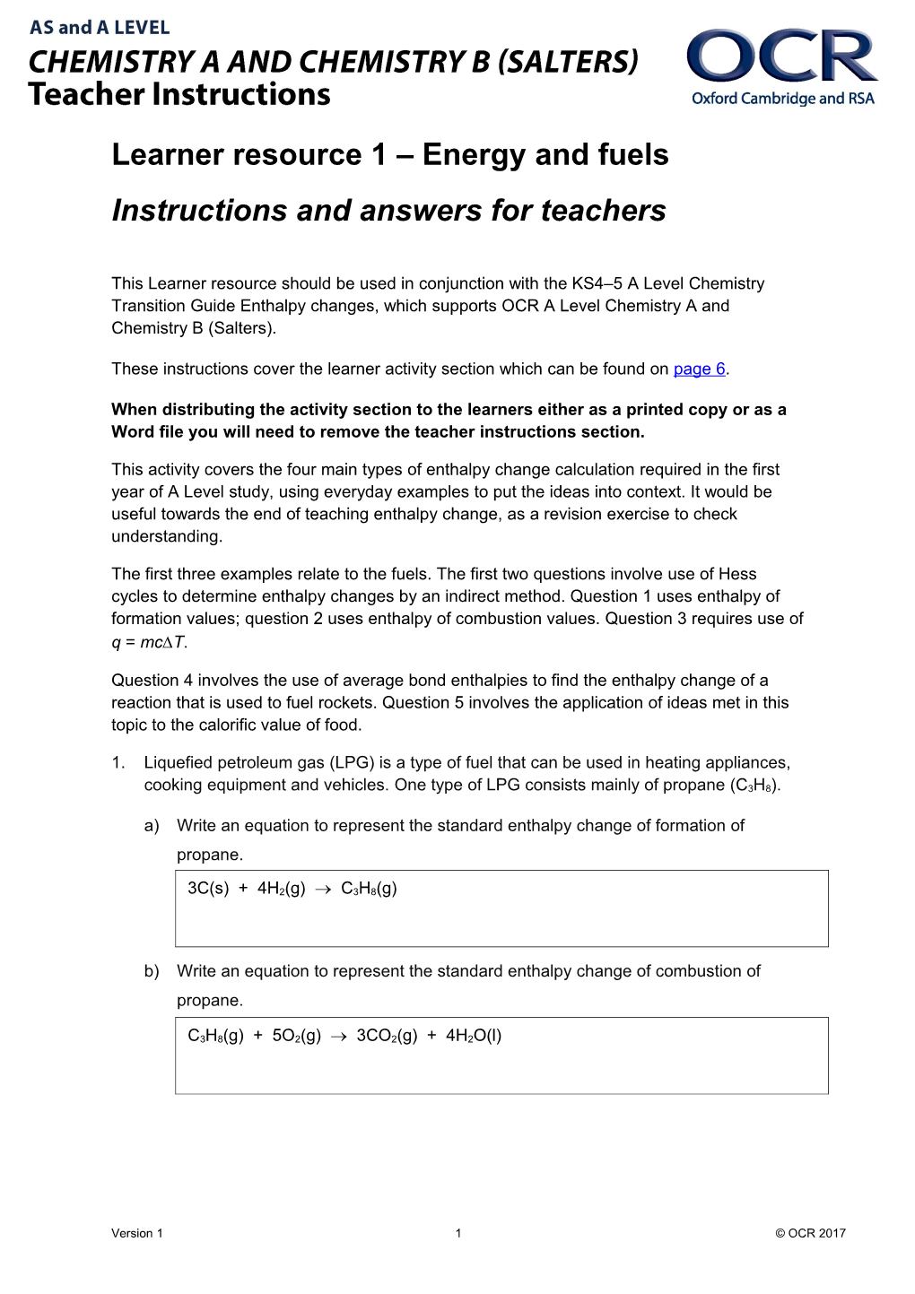 OCR AS and a Level Chemistry a Lesson Element - Enthalpy Changes - Energy and Fuels