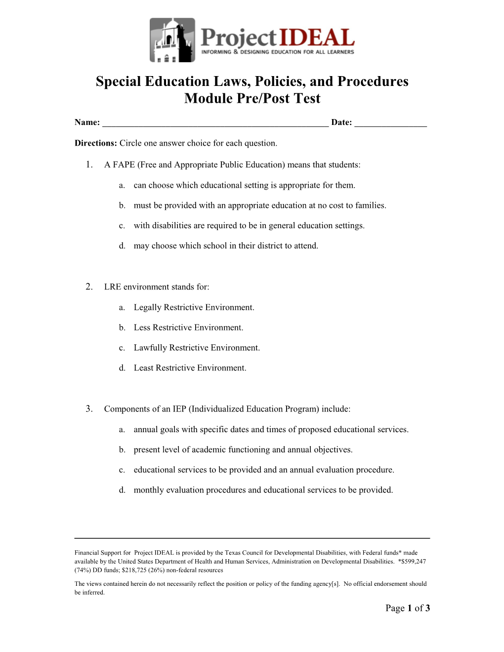 Special Education Laws, Policies, and Procedures Module Pre/Post Test