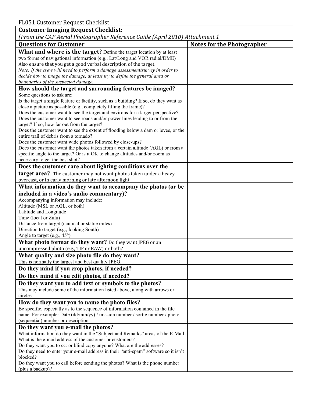 FL051 Customer Request Checklist