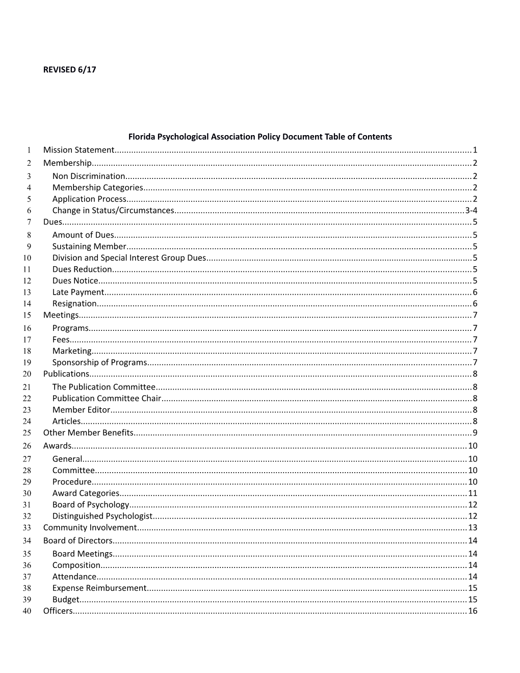 FPA Policy Document - Table of Contents