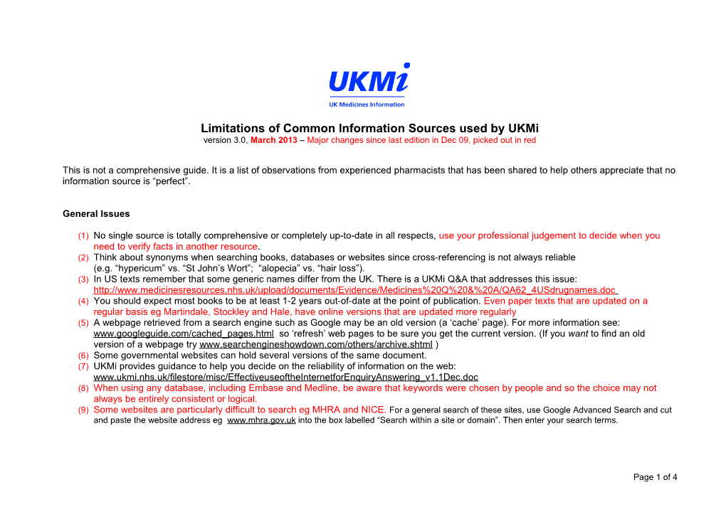 Risk Issues with Common Information Sources Used by Ukmi