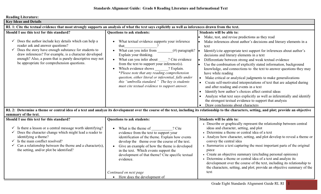 Standards Alignment Guide: Grade8 Reading Literature and Informational Text